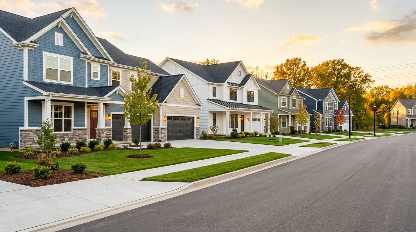 A completed single-family community at golden hour — finished homes along a new street with sidewalks, street trees, and lit windows.