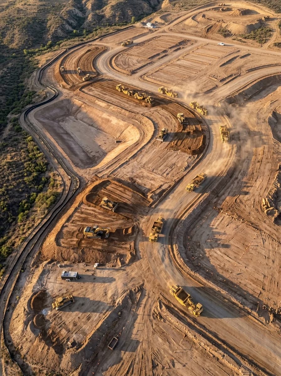Aerial view of a subdivision under mass grading — scrapers and dozers cutting building pads, roads roughed in across bare earth, lots staked out along a graded ridge.